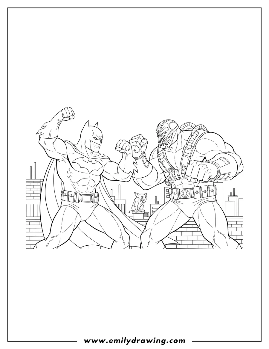 Simple sketch of batman and Bane fighting with raised fists to color