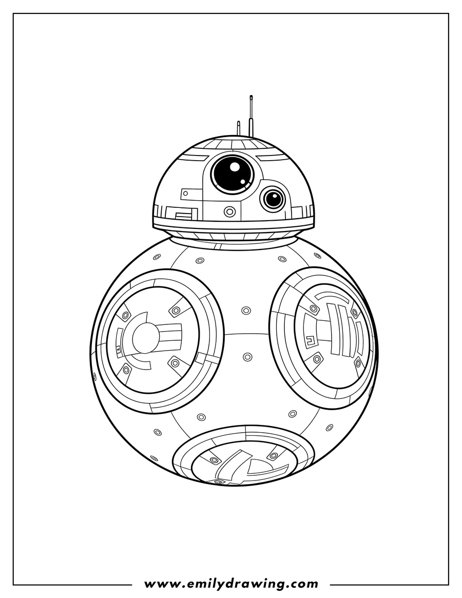 Black and white line art of detailed BB-8 full body outline
