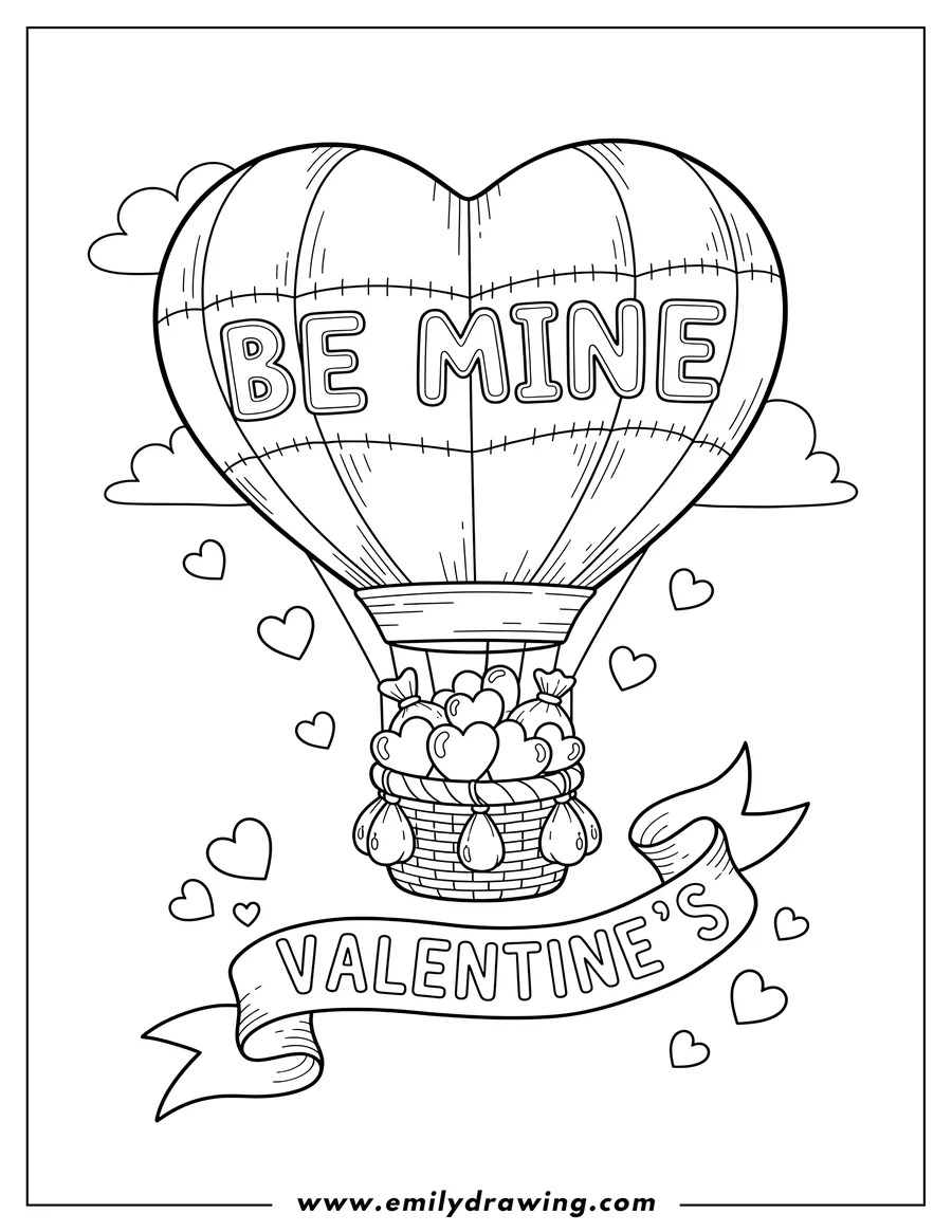 Free printable coloring sheet of be Mine heart-shaped hot air balloon with sacks of hearts, Valentine S