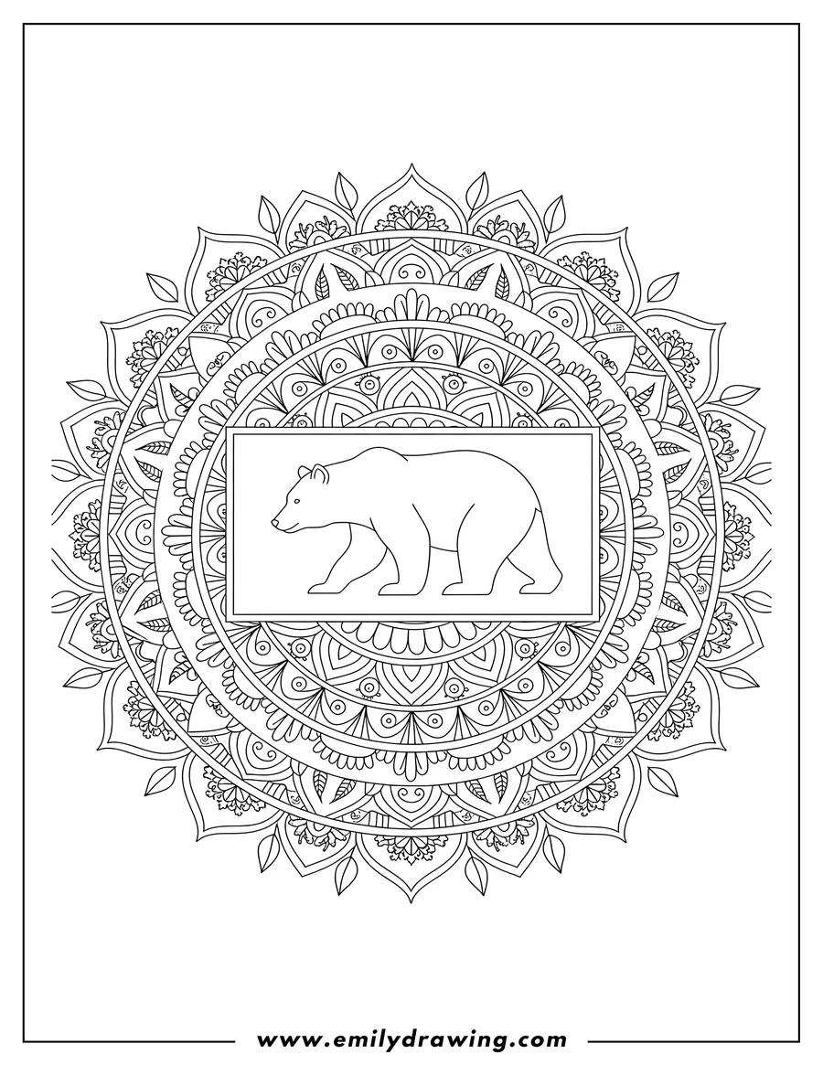 Coloring page of detailed Bear Mandala, with a walking bear silhouette inside a central rectangular frame