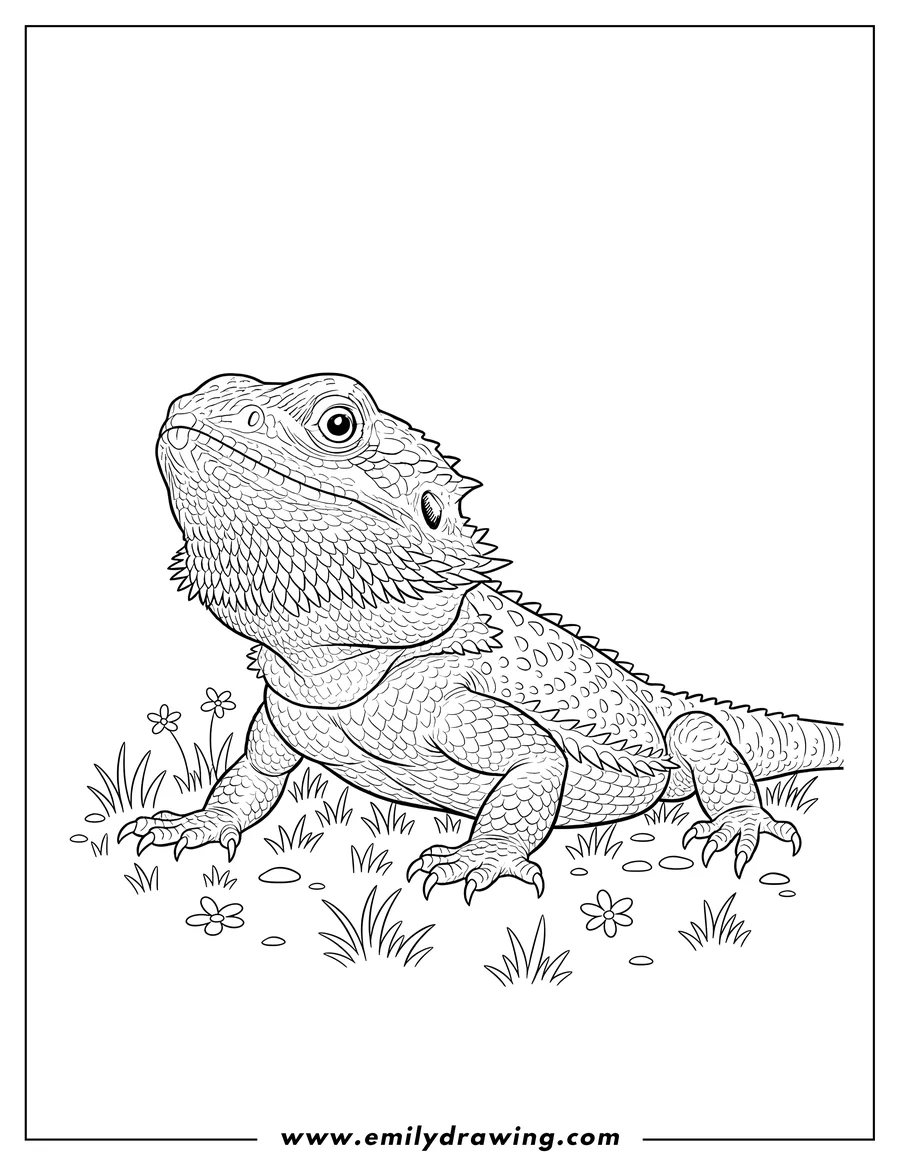 Full page coloring image of bearded Dragon On Grass, looking up with spiky scales