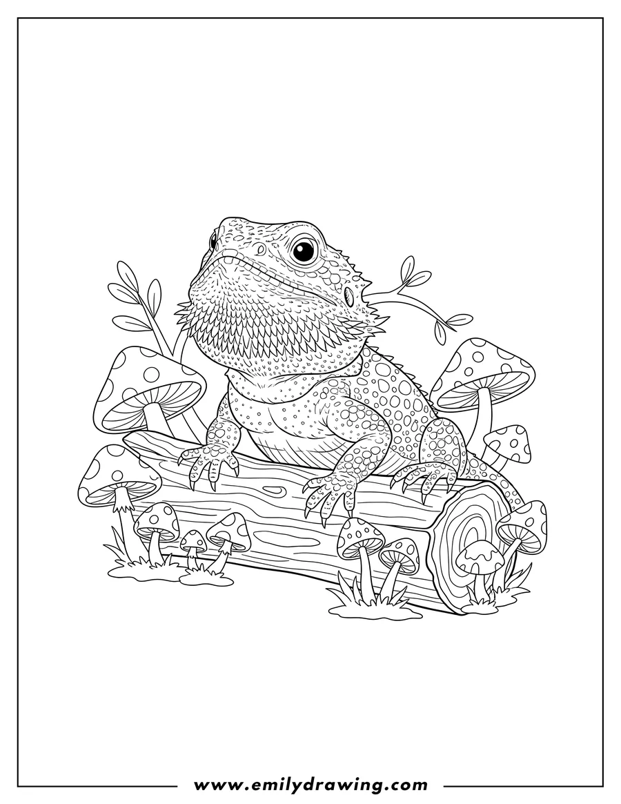 Free to print drawing of detailed Bearded Dragon On Log Surrounded By Mushrooms, looking up, with a spiky beard