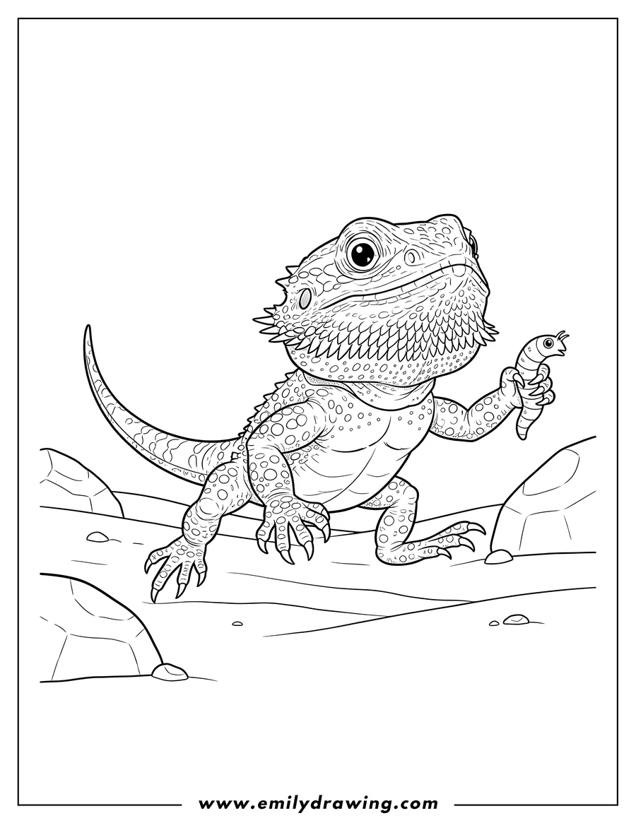 Clean line drawing: detailed Bearded Dragon running, holding a worm in its claw
