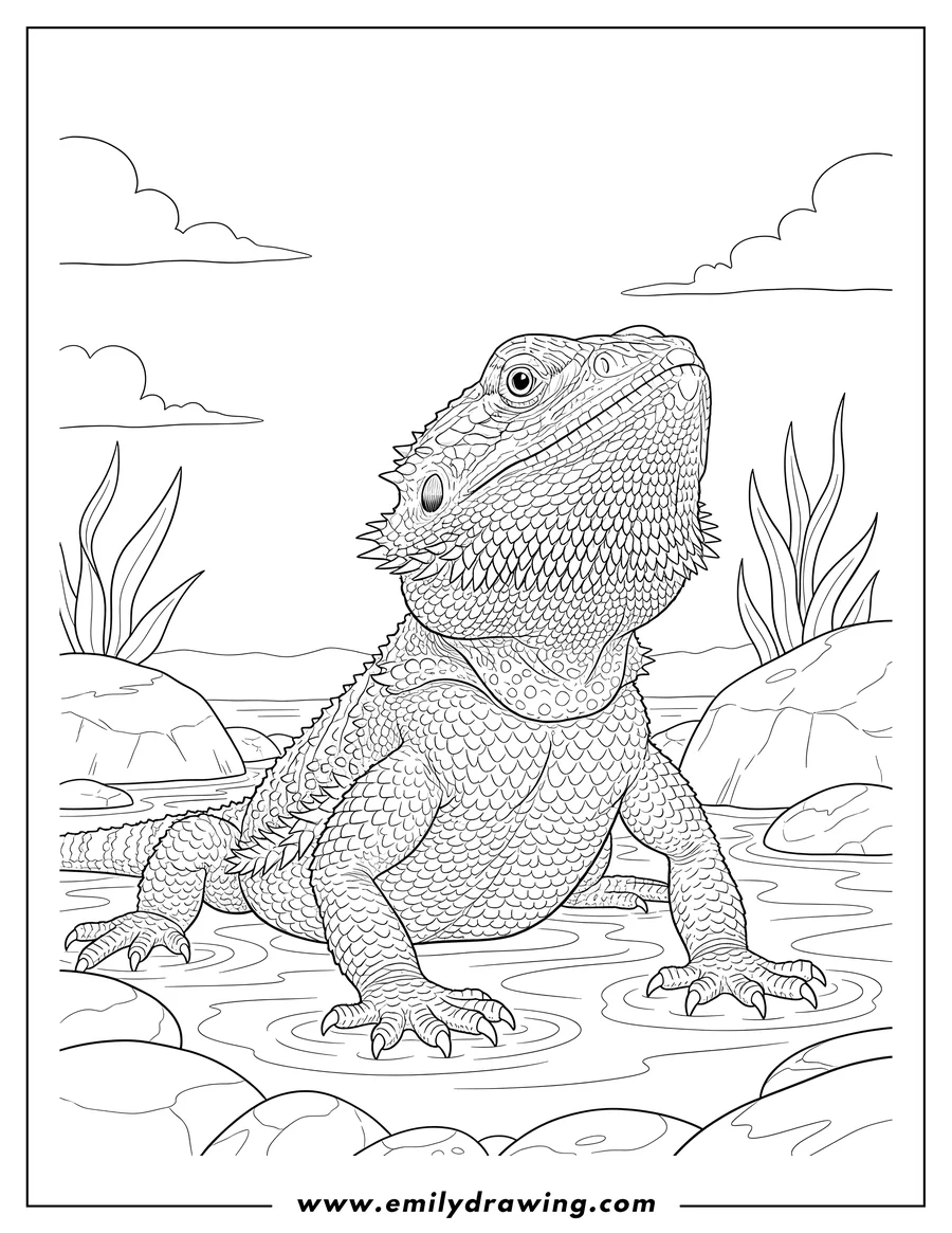 High quality printable detailed Bearded Dragon sitting by water, looking up, mouth slightly open for coloring