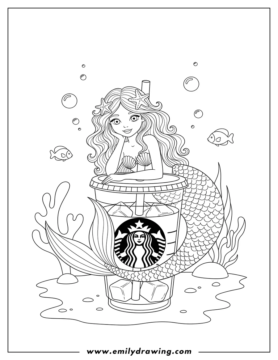 Linear illustration of beautiful Mermaid resting on a Starbucks cup with a logo and ice cubes, under the sea
