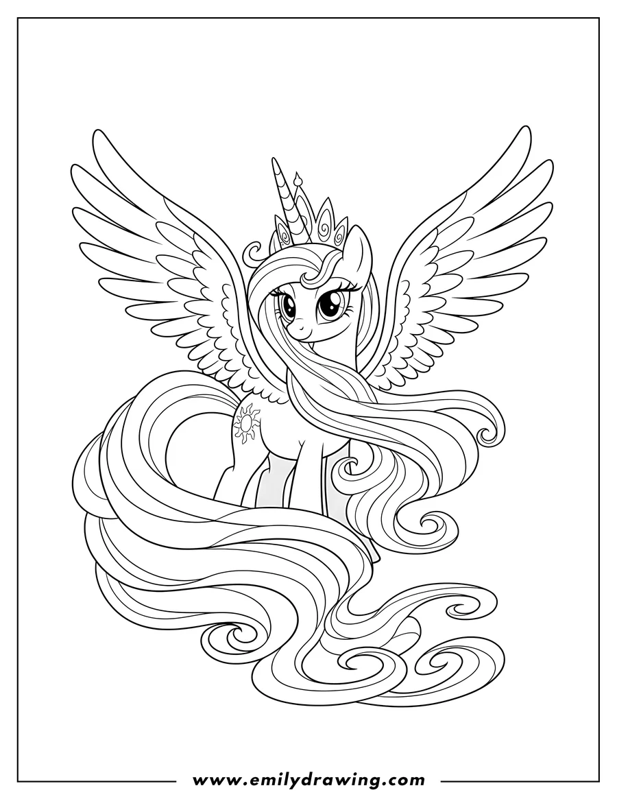 Printable coloring page of beautiful Princess Celestia with a crown, long flowing mane and tail, and wings spread