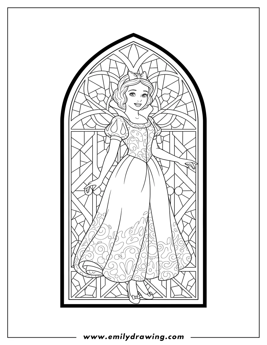 Vector style outline of beautiful Snow White Stained Glass, standing in her classic dress