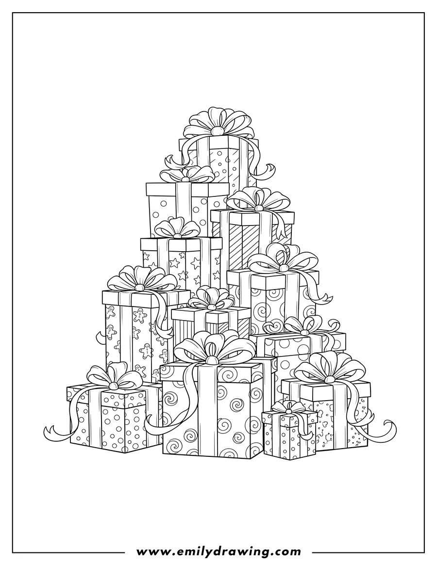 PDF style coloring page: beautifully Wrapped Christmas Presents Scaled, stacked with bows