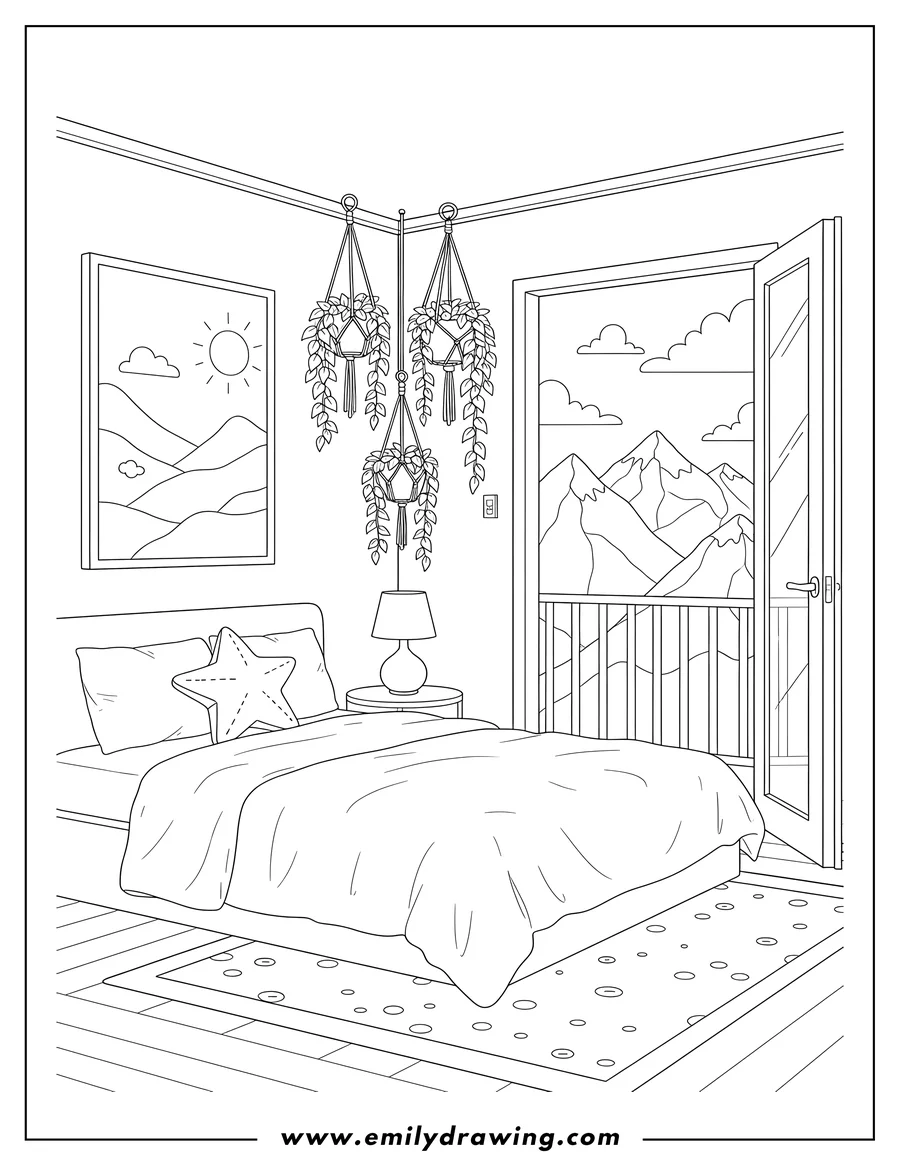Printable line art of bedroom with a star pillow, hanging plants, wall art, and an open balcony with a mountain view