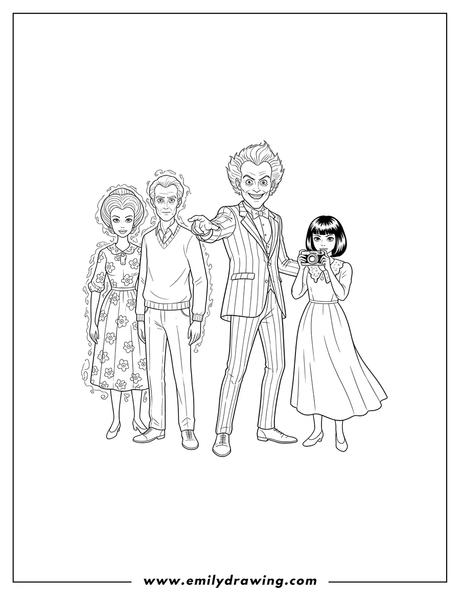 Coloring sheet featuring beetlejuice pointing, with Lydia Deetz holding a camera, and Adam and Barbara Maitland