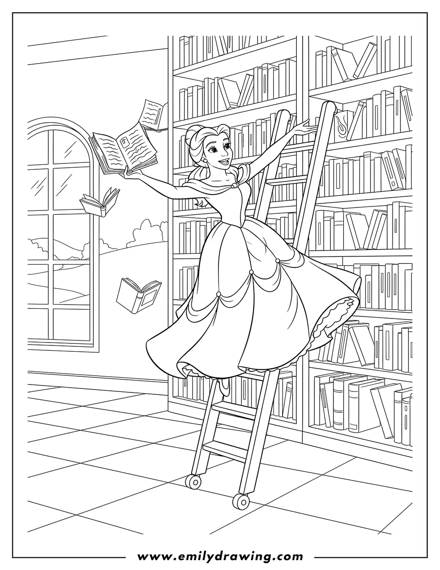 Downloadable coloring page of belle joyfully dancing on a ladder in a book store, holding a book
