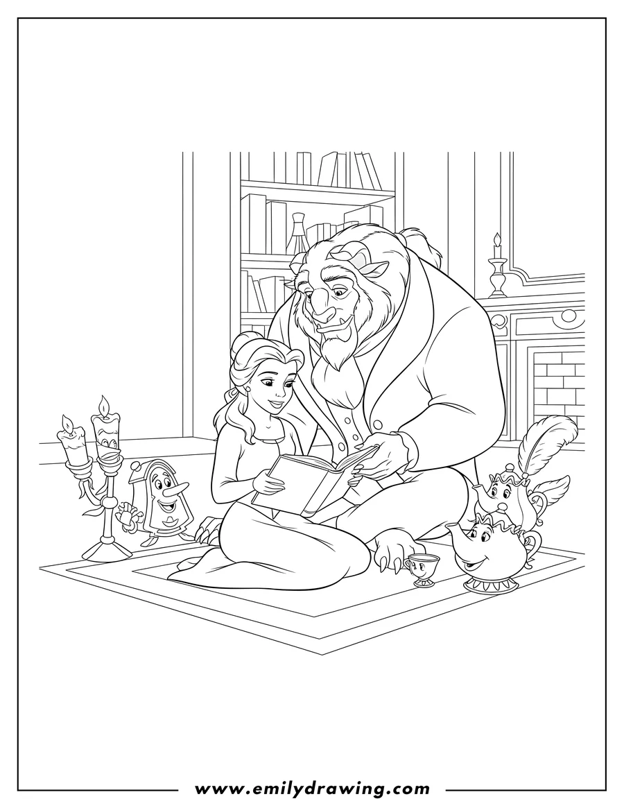 High quality printable belle sitting on the floor reading a book to Beast sitting beside her, with enchanted friends gathered around for coloring