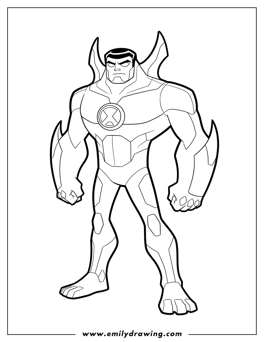 Clean line drawing: detailed Ben 10 Way Big standing with Omnitrix symbol
