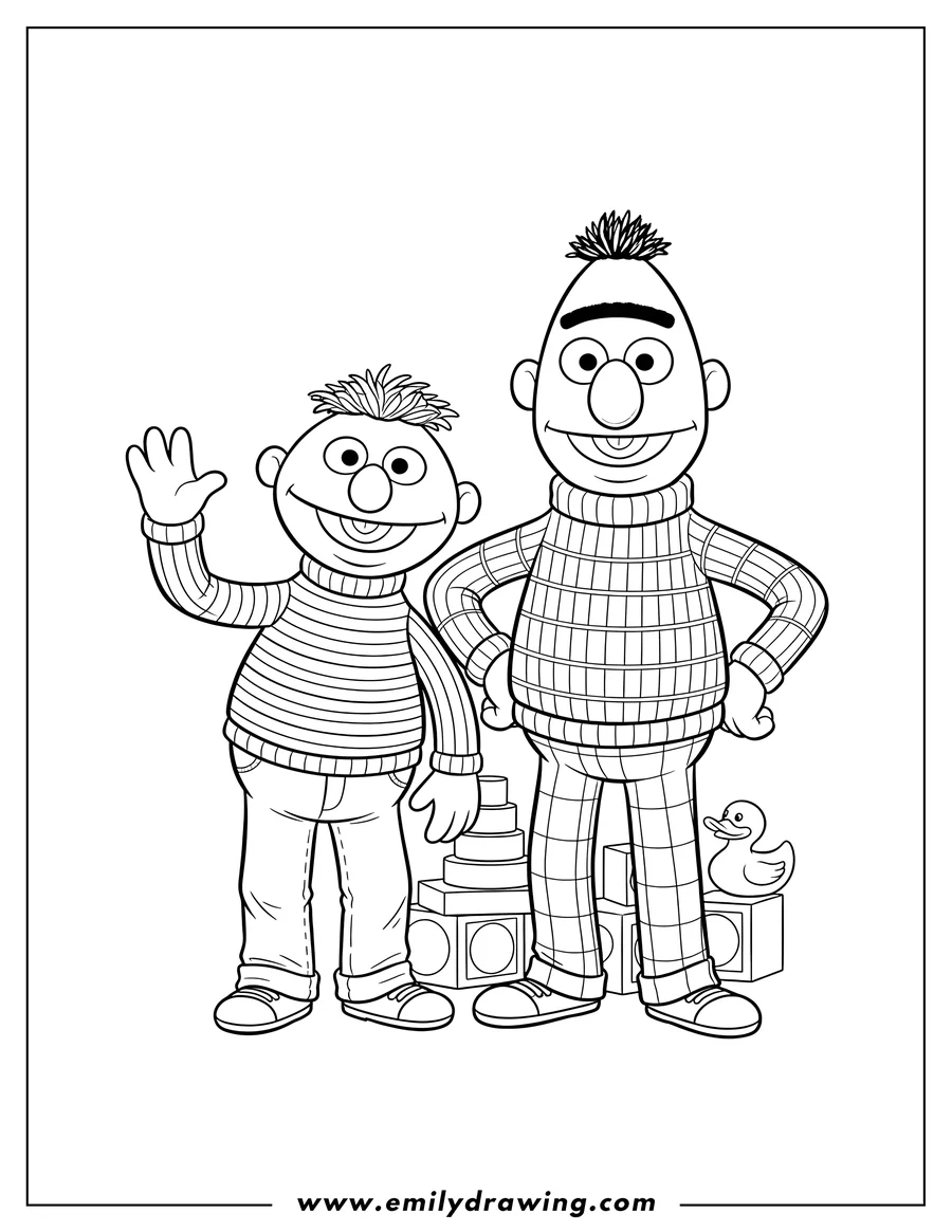 Coloring sheet featuring detailed Bert And Ernie smiling, with Ernie waving and Bert with hands on hips