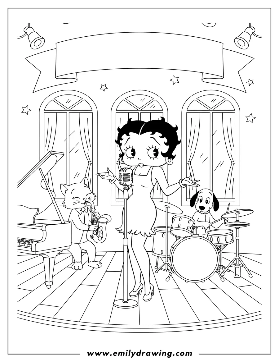 Doodle style coloring picture of betty Boop Cabaret, singing into a microphone with a band
