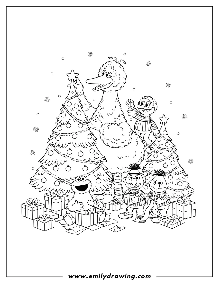 Vector style outline of big Bird, Elmo, Cookie Monster, Bert, and Ernie decorating Christmas trees and opening gifts under falling snow