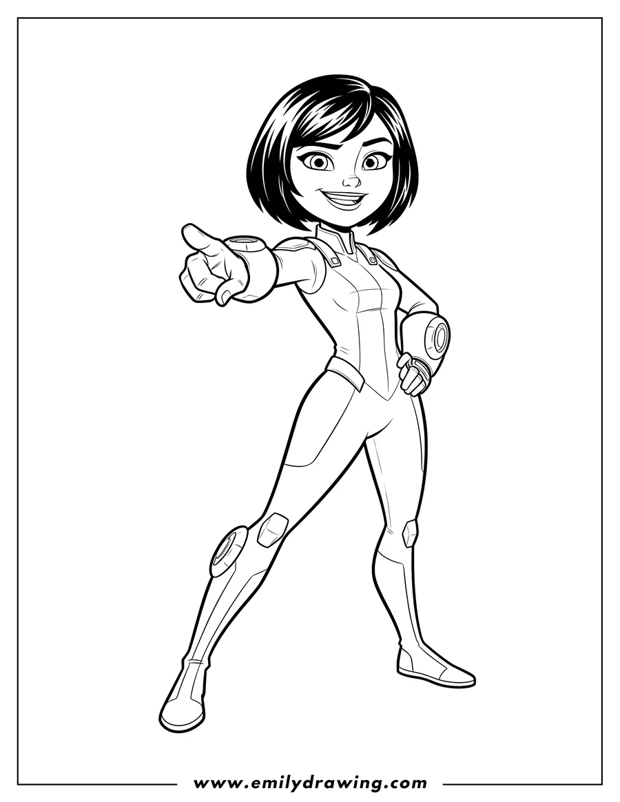 High quality printable big Hero 6 Gogo Tomago smiling, pointing, and striking a pose for coloring