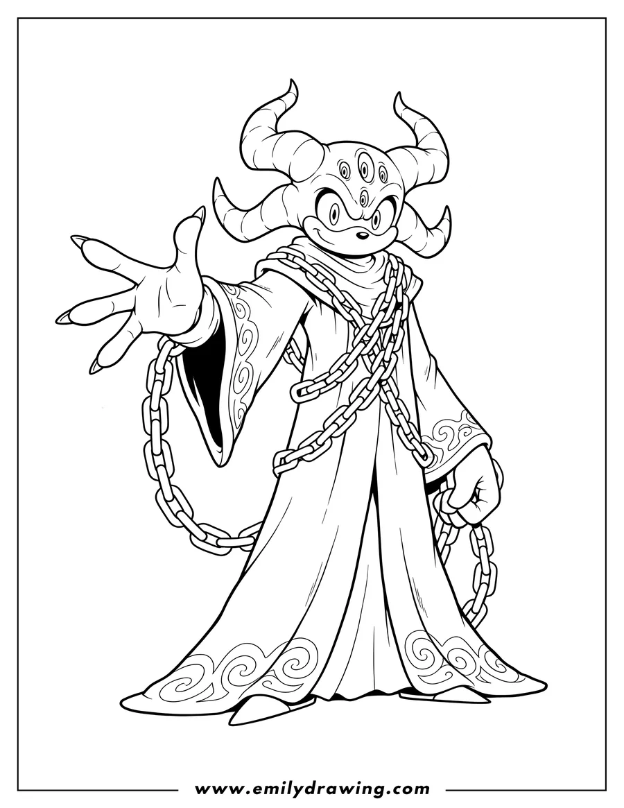 Downloadable coloring page of detailed Black Doom in a robe with chains, one arm reaching out
