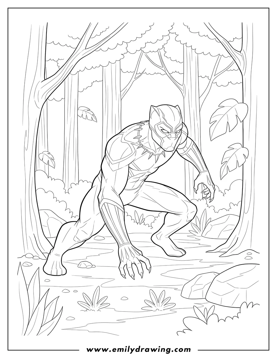 Doodle style coloring picture of black Panther crouching in a forest