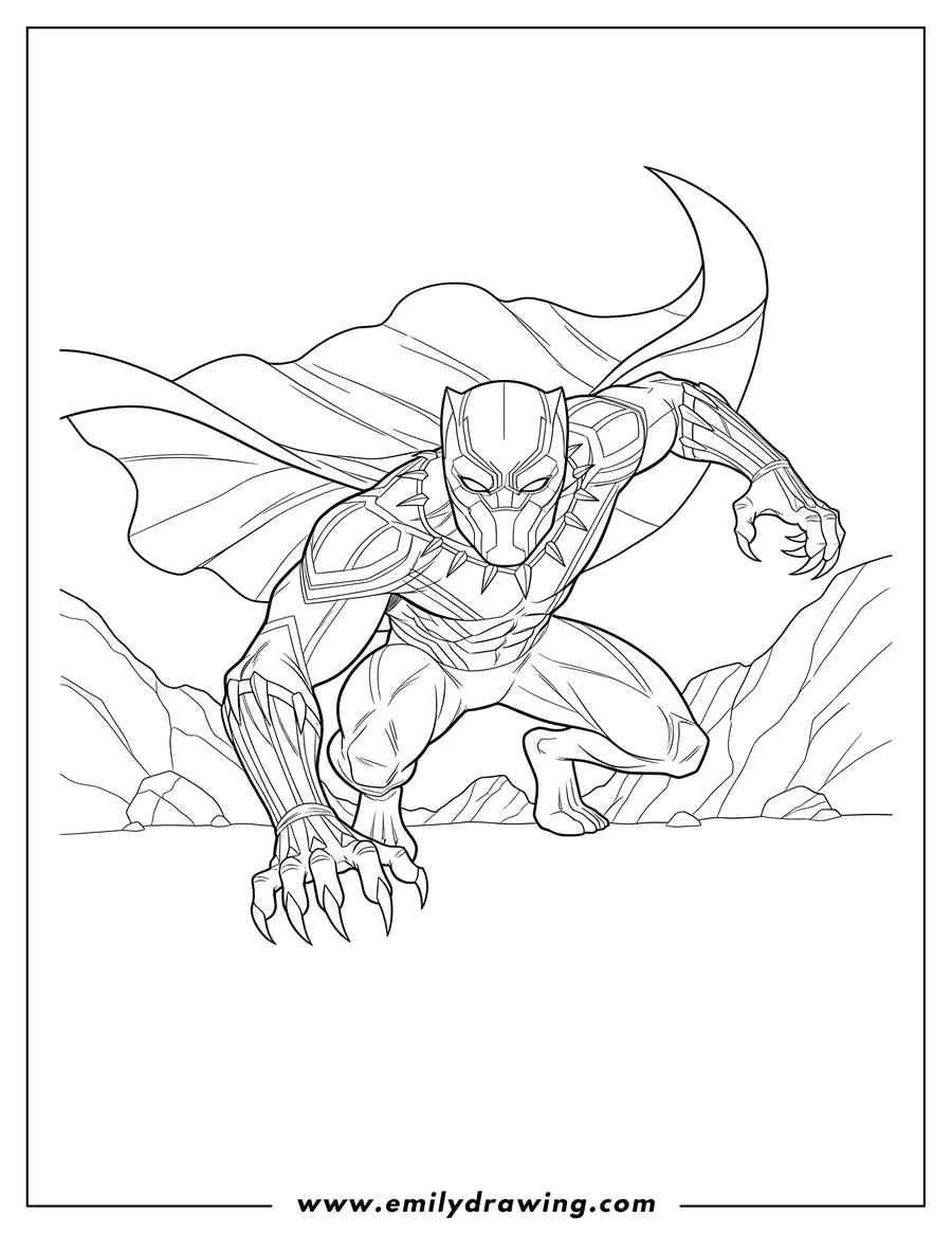 Printable coloring page of black Panther Superhero To Color, crouching, with cape and sharp claws