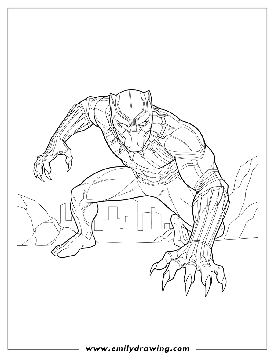 Printable line art of black Panther Superhero, crouching with visible claws