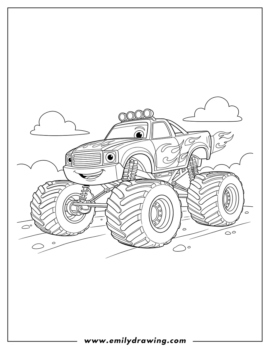 Black and white line art of detailed Blaze Monster Machine with a friendly face, roof lights, and a flame decal