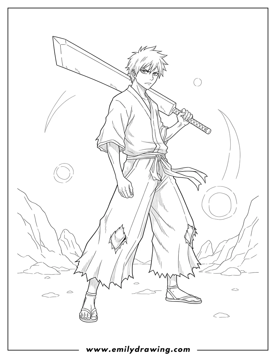 Simple sketch of bleach Kurosaki Ichigo Soul Society, wearing torn hakama, holding Zangetsu behind his shoulder to color