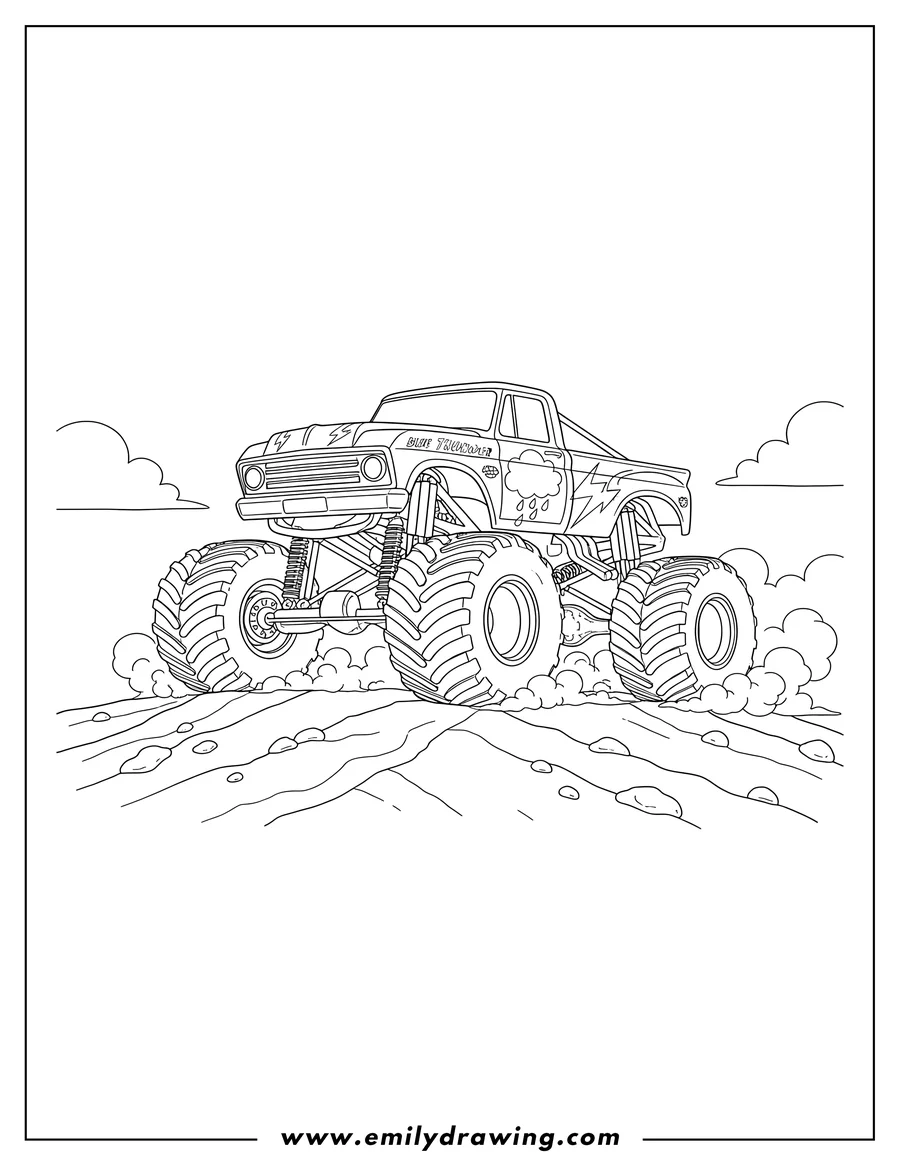 Black and white line art of detailed Blue Thunder Monster Jam Truck on uneven ground