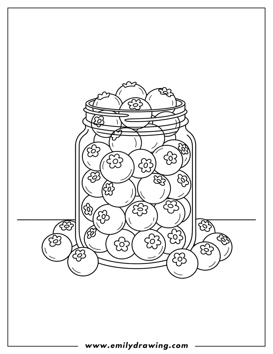 Outline drawing of blueberries in a jar, with berries scattered around, and flower-shaped tops on the berries