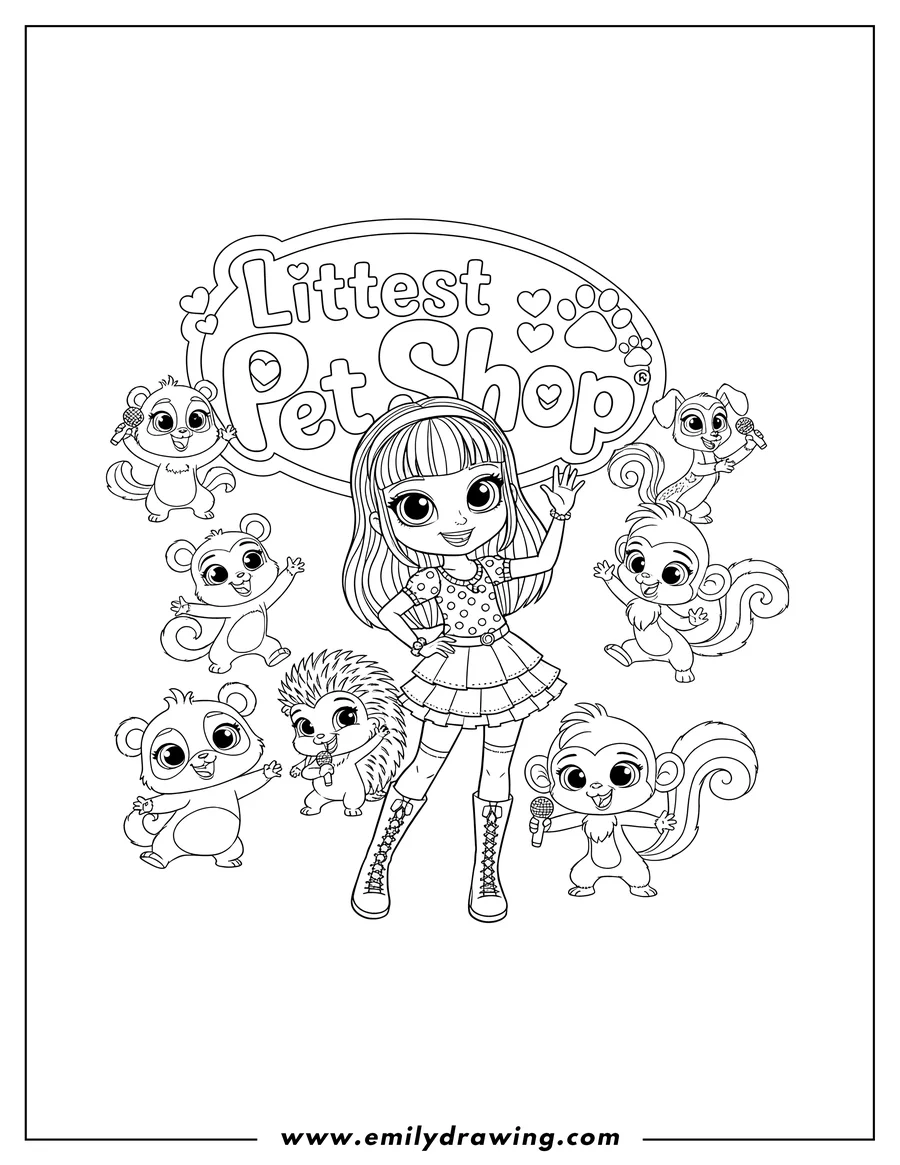 Clean line drawing: blythe Baxter posing by the Littlest Pet Shop logo, with pets dancing and singing