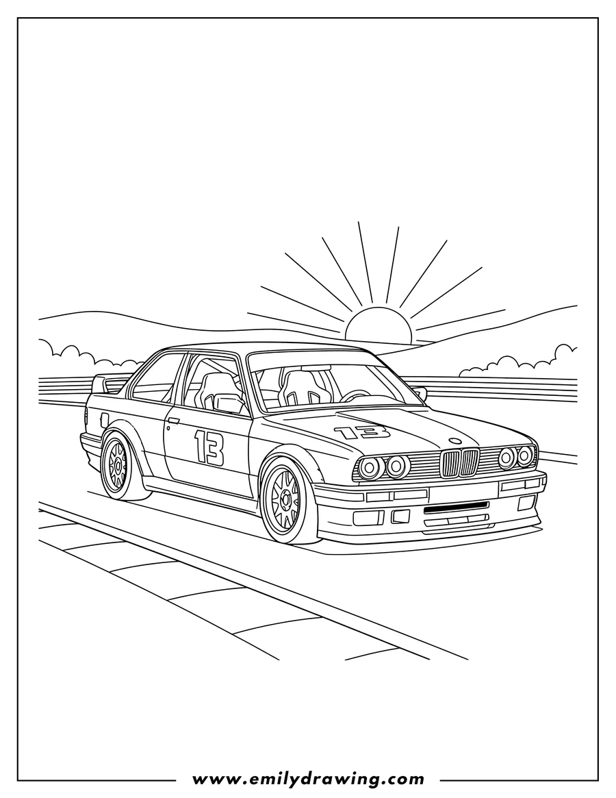 Coloring sheet featuring detailed Bmw 3 Series E30 race car with number 13 on race track at sunset