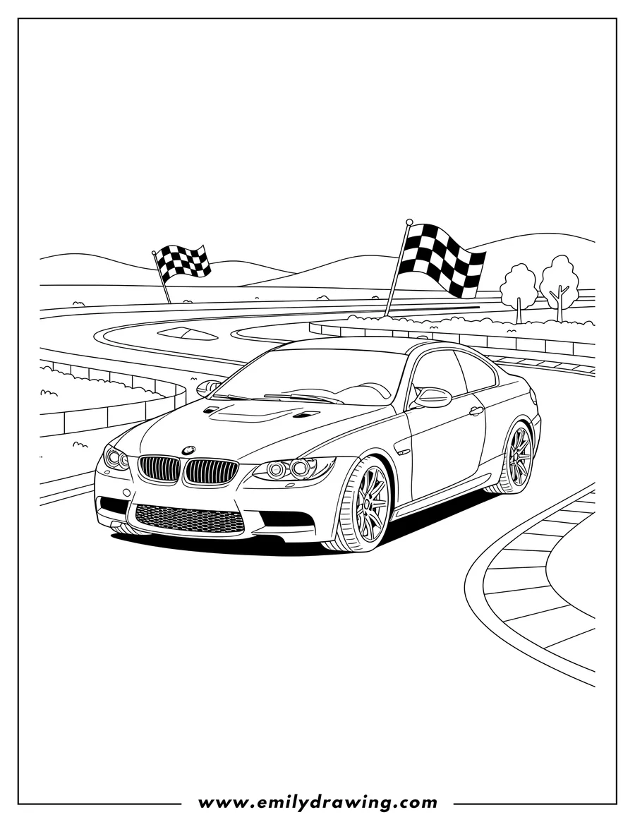 Clean line drawing: detailed Bmw E92 sports car on a winding race track, coloring page
