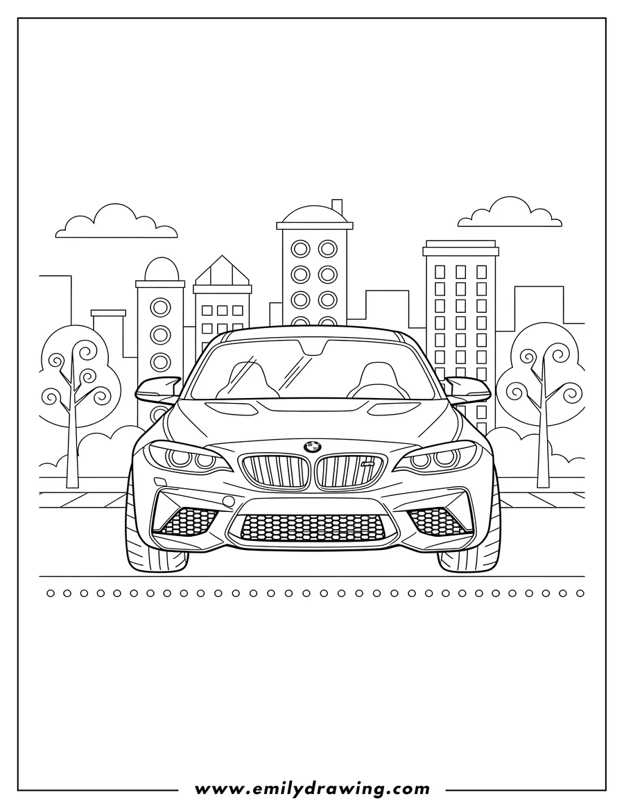 Free printable coloring sheet of detailed Bmw M2 City, front view