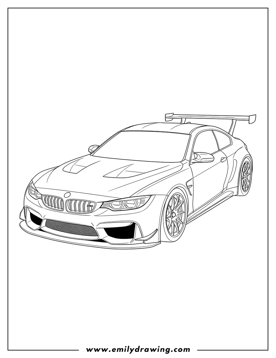High quality printable detailed BMW Race Car with a large rear wing, shown from a front-side view, to color for coloring