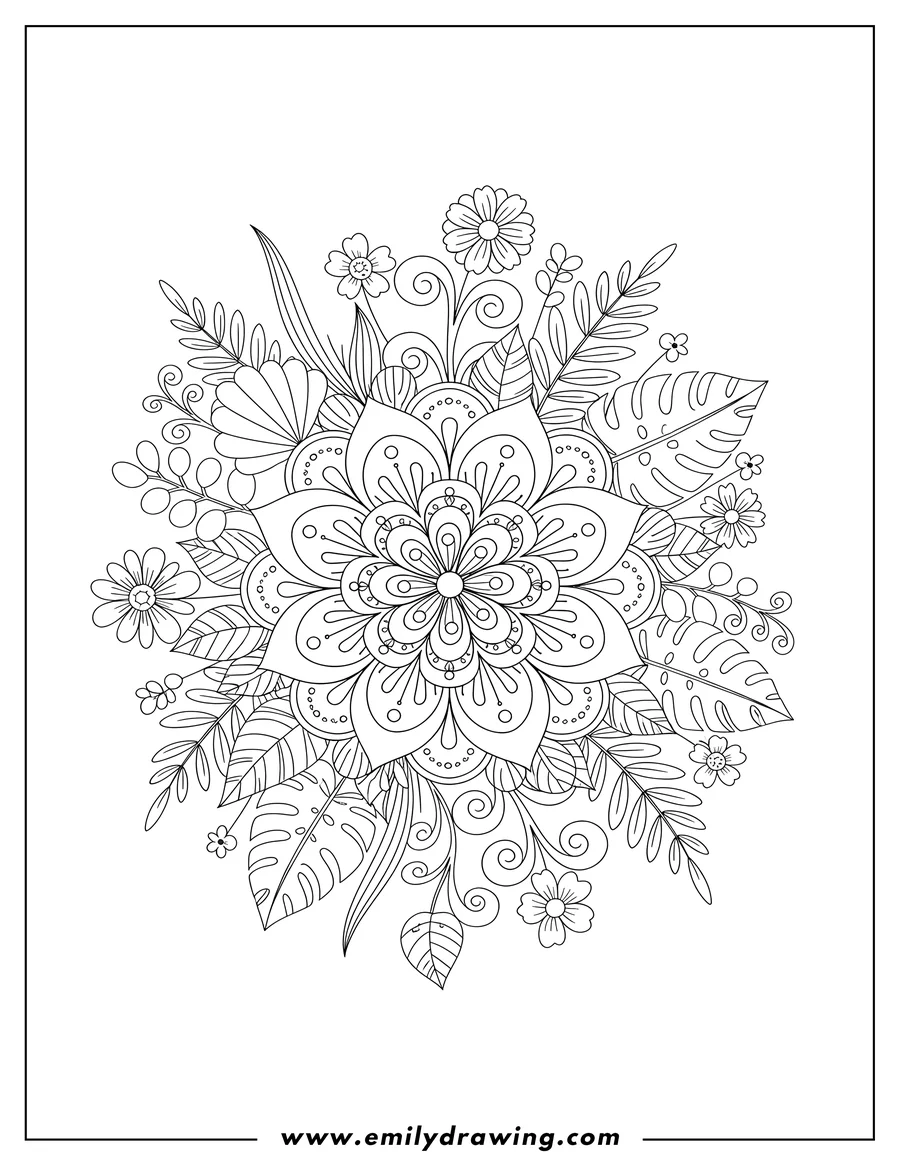 Doodle style coloring picture of boho Flower And Plants with a mandala flower and various stylized leaves
