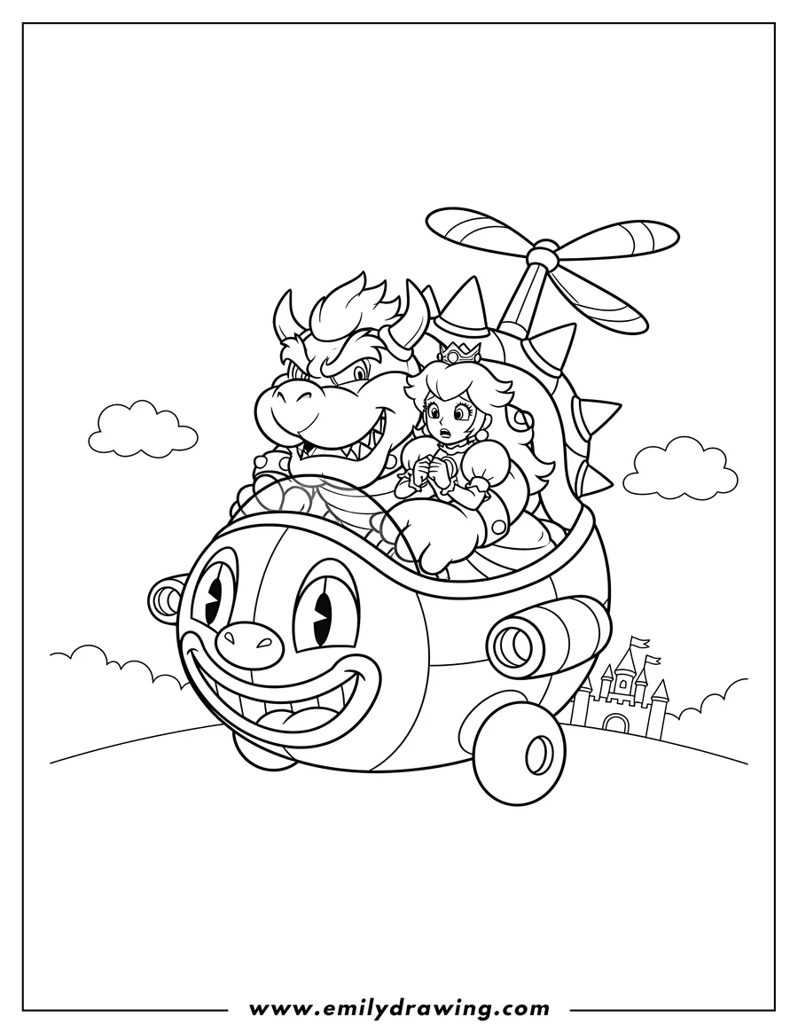 Full page coloring image of bowser in his Koopa Clown Car holding a scared Princess Peach