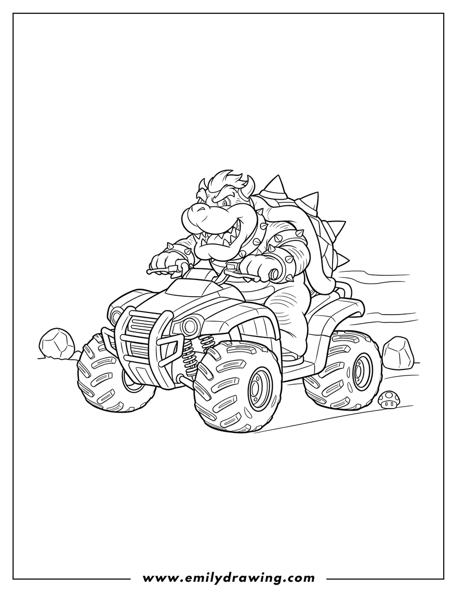 Black and white line art of detailed Bowser from Mario Kart riding an ATV and grinning