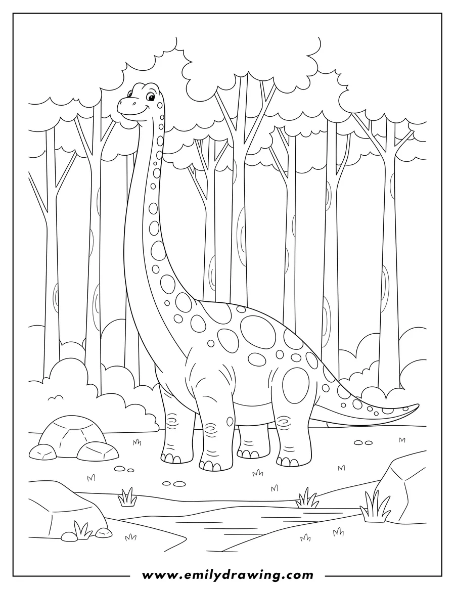 Printable coloring page of detailed Brachiosaurus standing in a forest