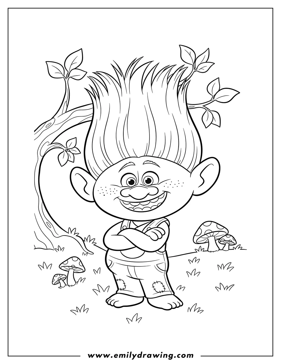 Outline drawing of detailed Branch, the Trolls character, smiling with crossed arms and spiky hair