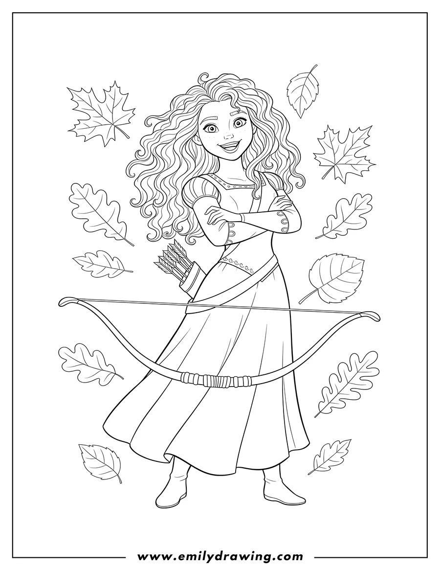 Downloadable coloring page of brave Merida holding a bow, arms crossed and smiling, with Fall Leaves Background