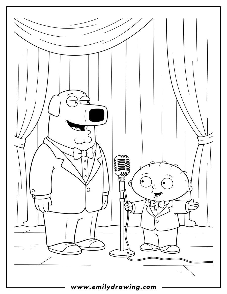 Printable line art of brian Griffin and Stewie Griffin in tuxedos performing at a microphone on stage