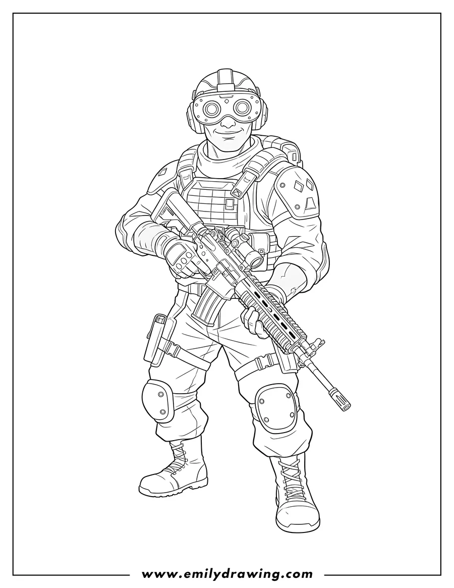 Simple sketch of brother S Keeper Azure Skin Call Duty operator wearing a VR headset and holding an assault rifle to color