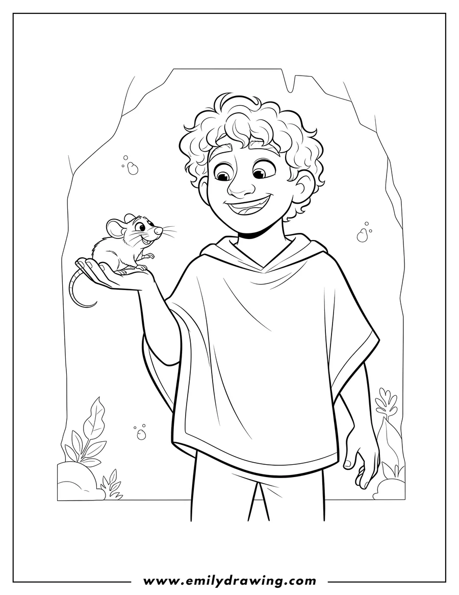 Simple sketch of bruno with his rat friend, smiling and holding him on his hand to color