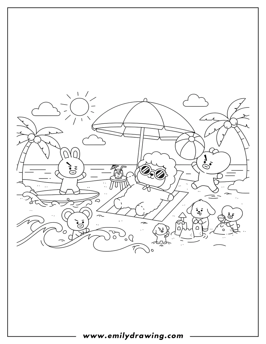 Linear illustration of bt21 Friends Playing At Beach with RJ relaxing under an umbrella, Cooky on a surfboard, and Mang playing with a beach ball