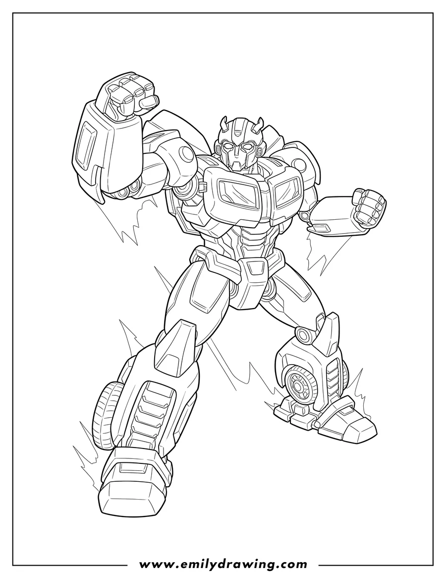 Clean line drawing: detailed Bumblebee Transformer standing dynamically, left arm raised