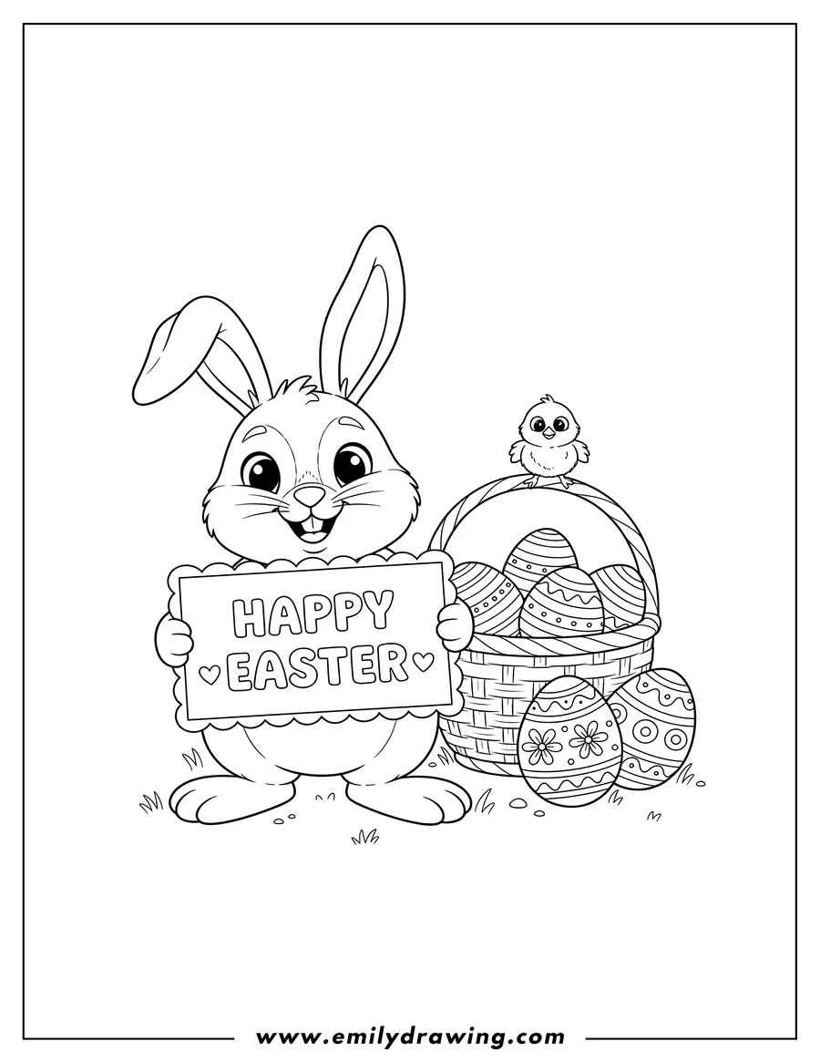 Free to print drawing of bunny Holding Happy Easter Sign Next To a Basket of Eggs, a Chick, and Large Decorated Easter Eggs