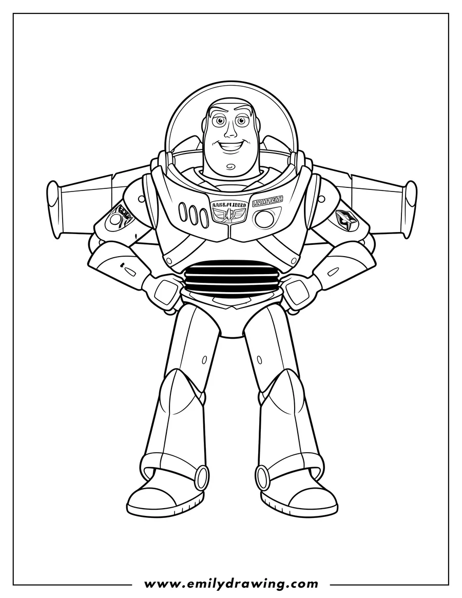 Outline drawing of detailed Buzz Lightyear standing with hands on hips and a big smile