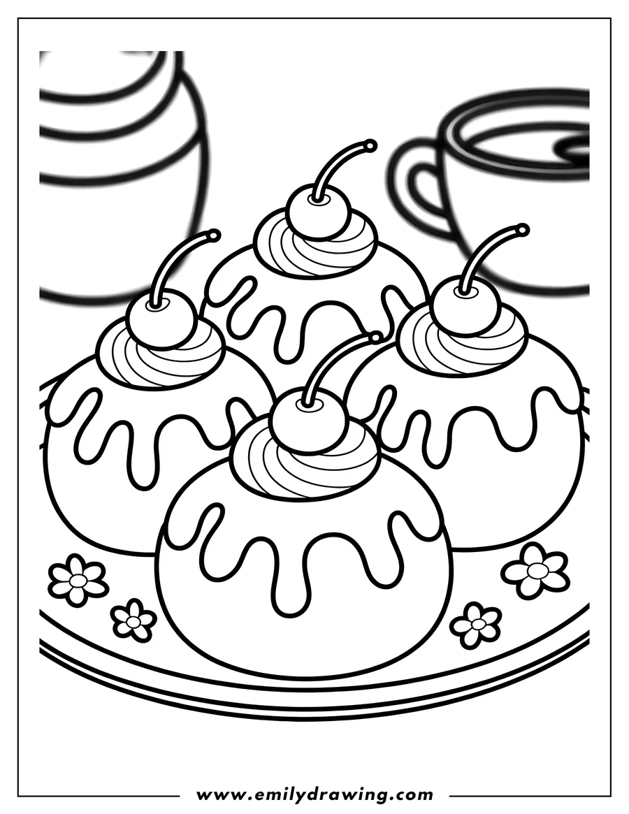 Black and white line art of cakes
