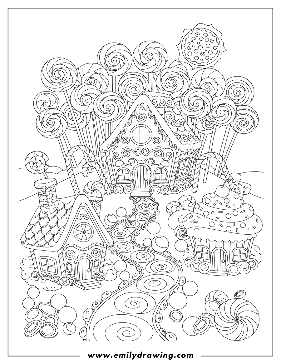 Outline drawing of detailed Candy Land Village with candy houses, lollipops, and a winding path