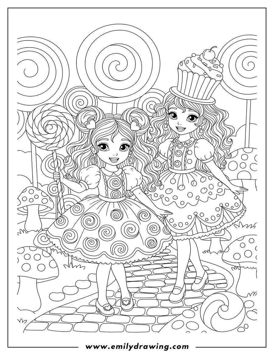 Coloring page for kids: candy Lane Princesses, one holding a lollipop and the other with a cupcake hat, in Candy Land